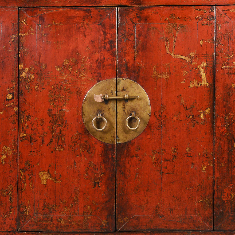 Door Panel Detail From Chinese Walnut Gilt Red Lacquer Cabinet From Gansu - 19thC | Indigo Antiques