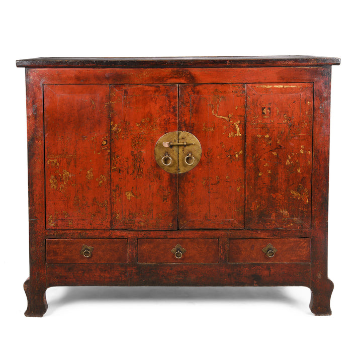 Chinese Walnut Gilt Red Lacquer Cabinet From Gansu - 19thC | Indigo Antiques