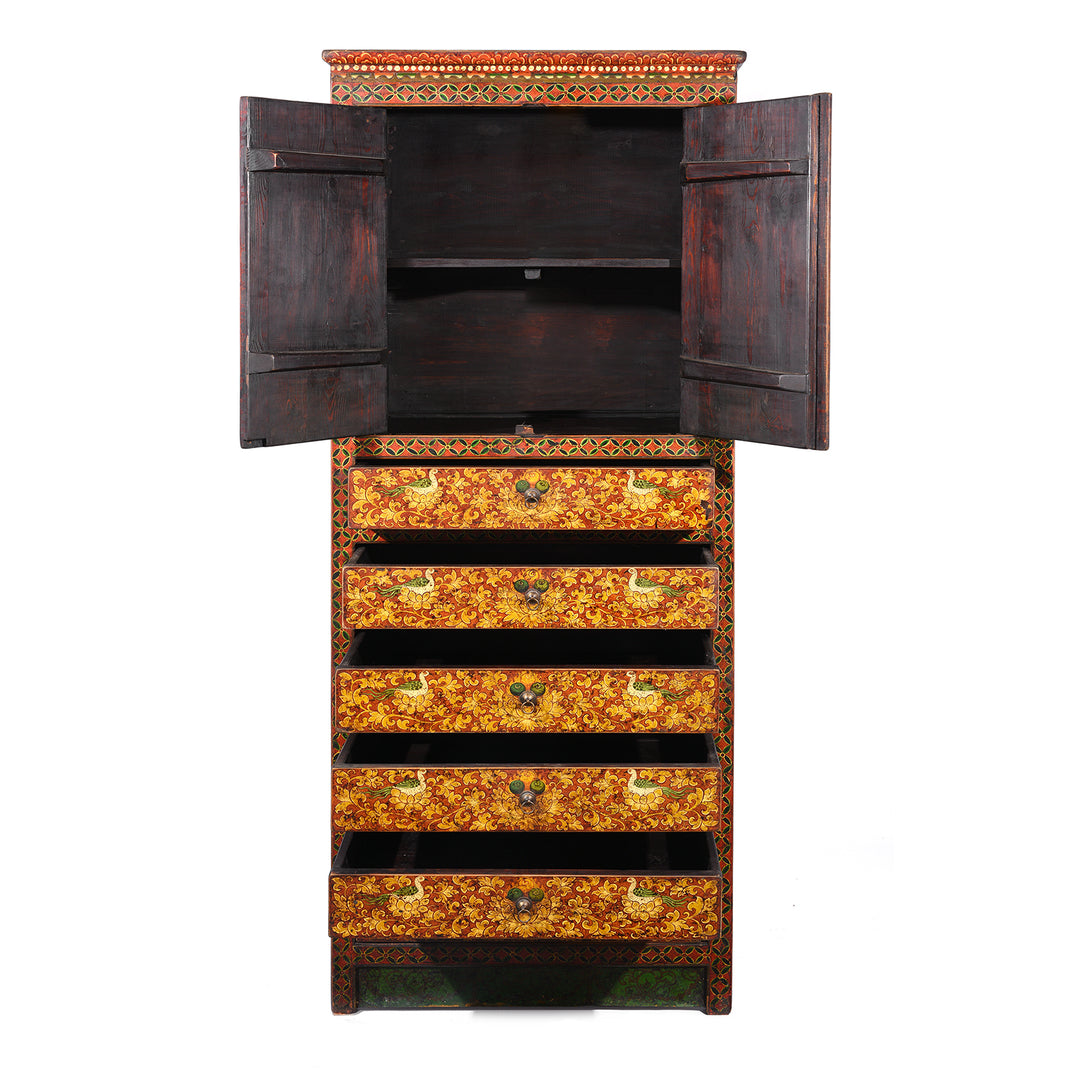Open Drawers View Of Painted Reproduction Tall Tibetan Cabinet | Indigo Antiques