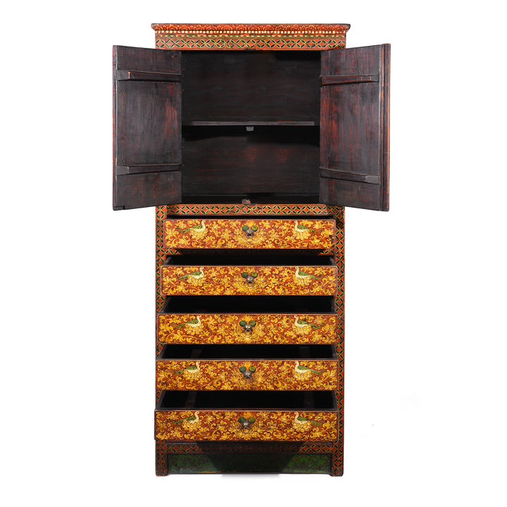 Open Drawers View Of Painted Reproduction Tall Tibetan Cabinet | Indigo Antiques