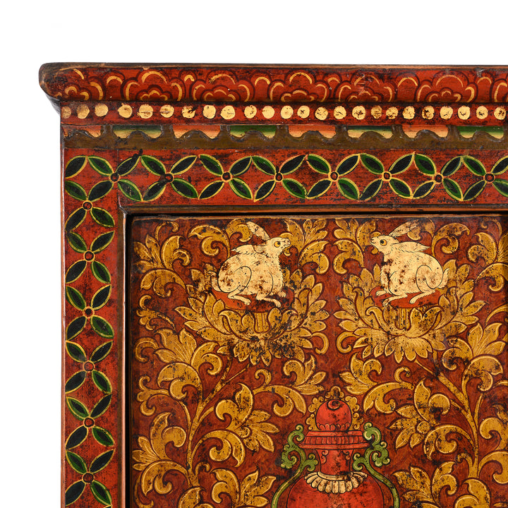 Corner Detail From Painted Reproduction Tall Tibetan Cabinet | Indigo Antiques