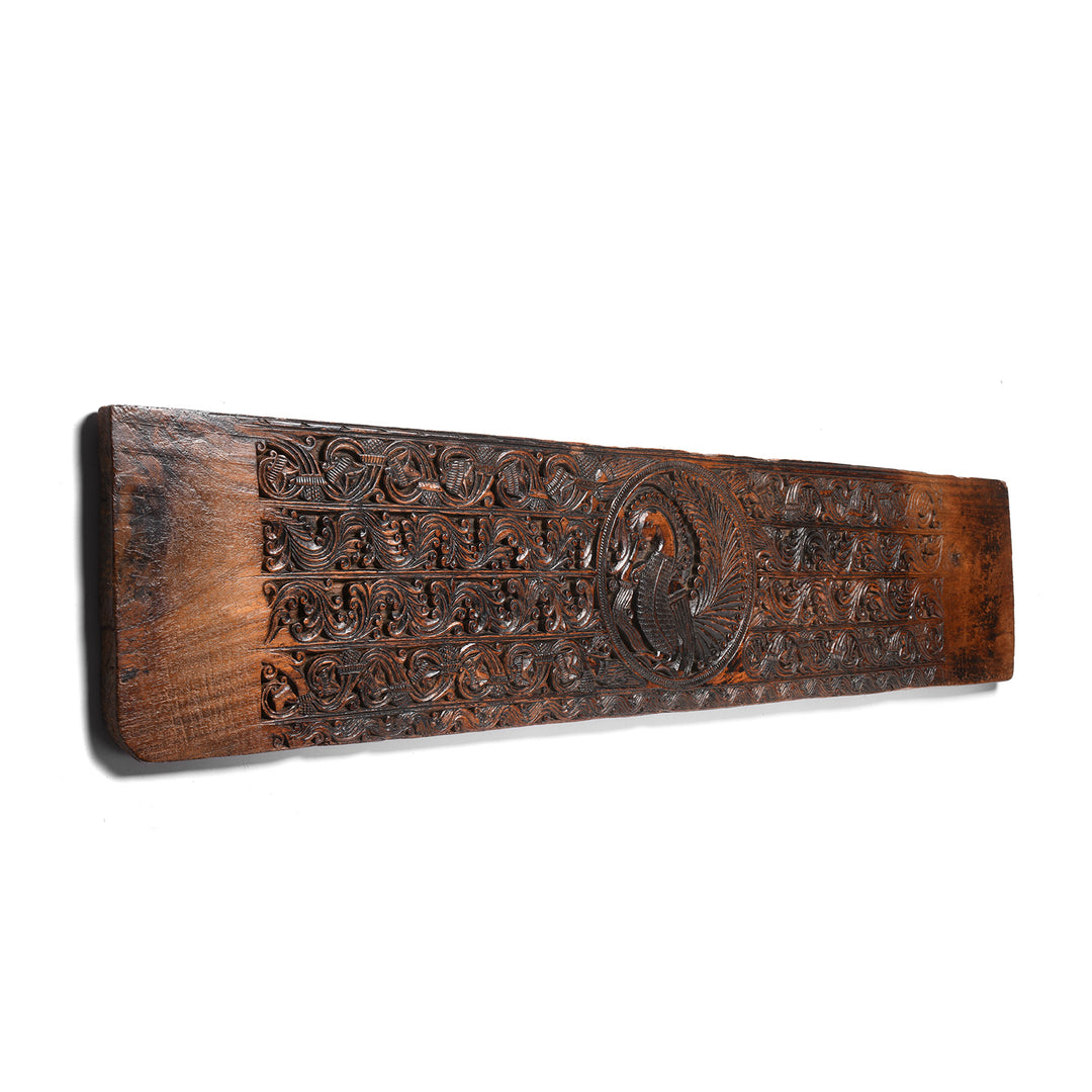 Angled View Of Carved Teak Peacock Lintel Panel From Andra Pradesh - 18thC | Indigo Antiques