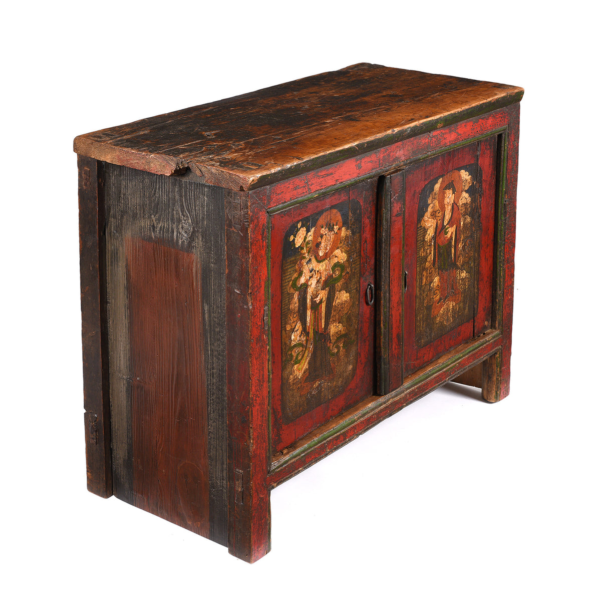 Angled View Of Painted Tibetan Pegam Side Cabinet - Early 19thC | Indigo Antiques