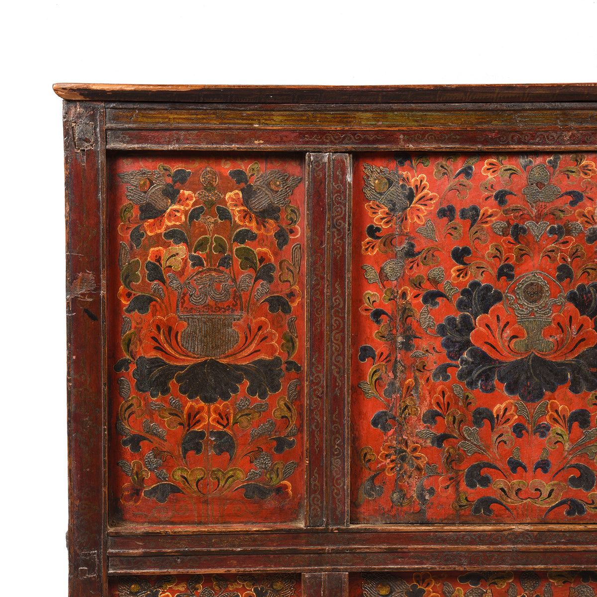 Painting detail of a lotus and other Tibetan symbols on an Antique Painted Altar Cabinet from Tibet - 19thC | Indigo Antiques