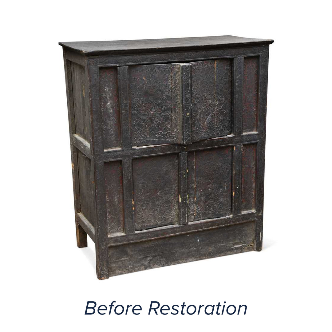 Original pre restoration antique Tibetan altar cabinet covered in soot & ghee | Indigo Antiques