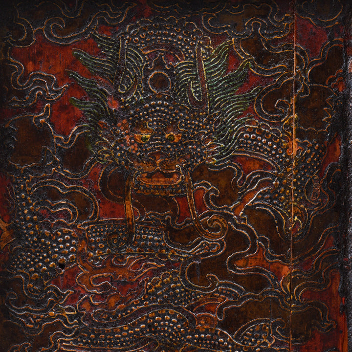 Dragon Detail From an Antique Painted Tibetan Altar Cabinet With Original Dragon Painting - Early 19th Century | Indigo Antiques