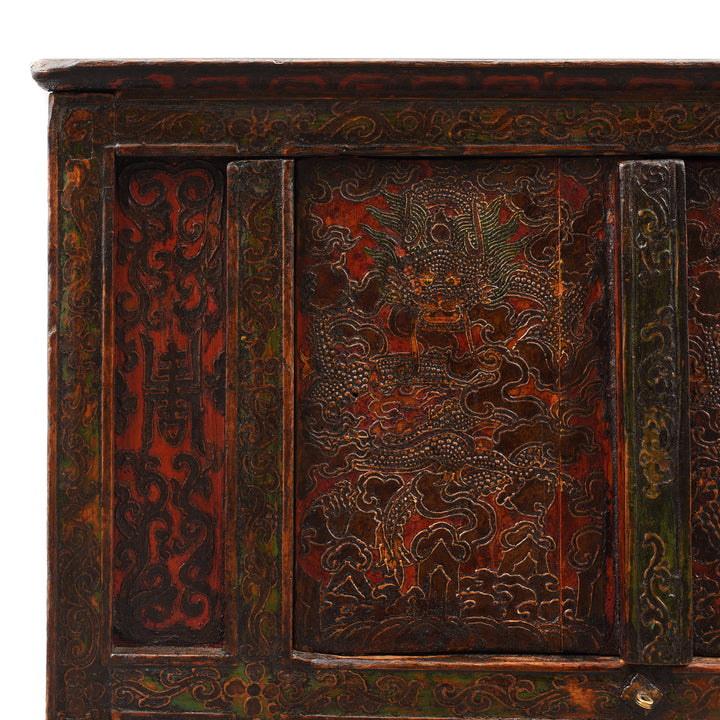Corner Detail from Painted Tibetan Cabinet With Original Paint - 18thC | Indigo Antiques