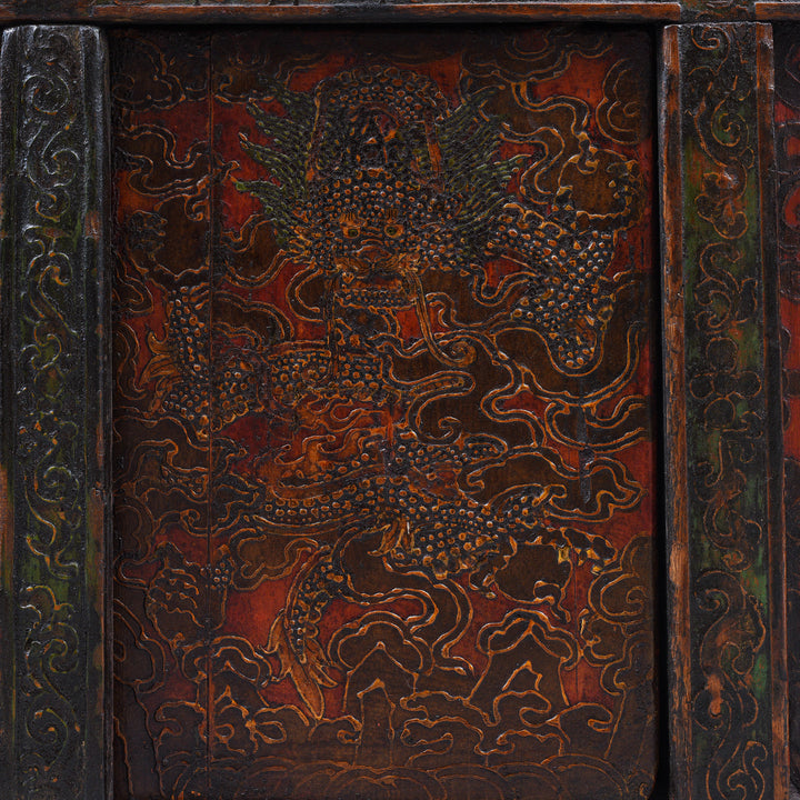Dragon Detail From an Antique Painted Tibetan Altar Cabinet With Original Dragon Painting - Early 19th Century | Indigo Antiques