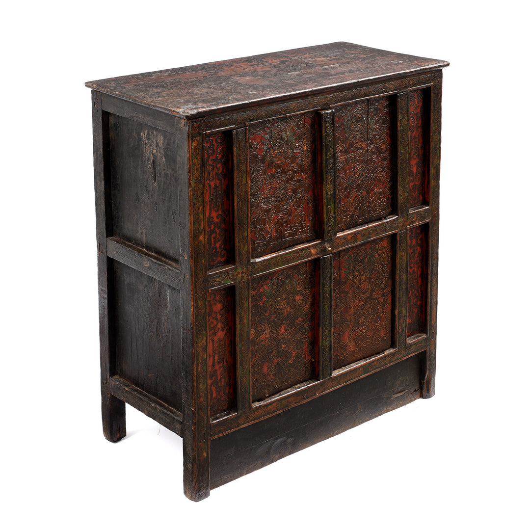 Corner Detail From an Antique Painted Tibetan Altar Cabinet With Original Dragon Painting - Early 19th Century | Indigo Antiques