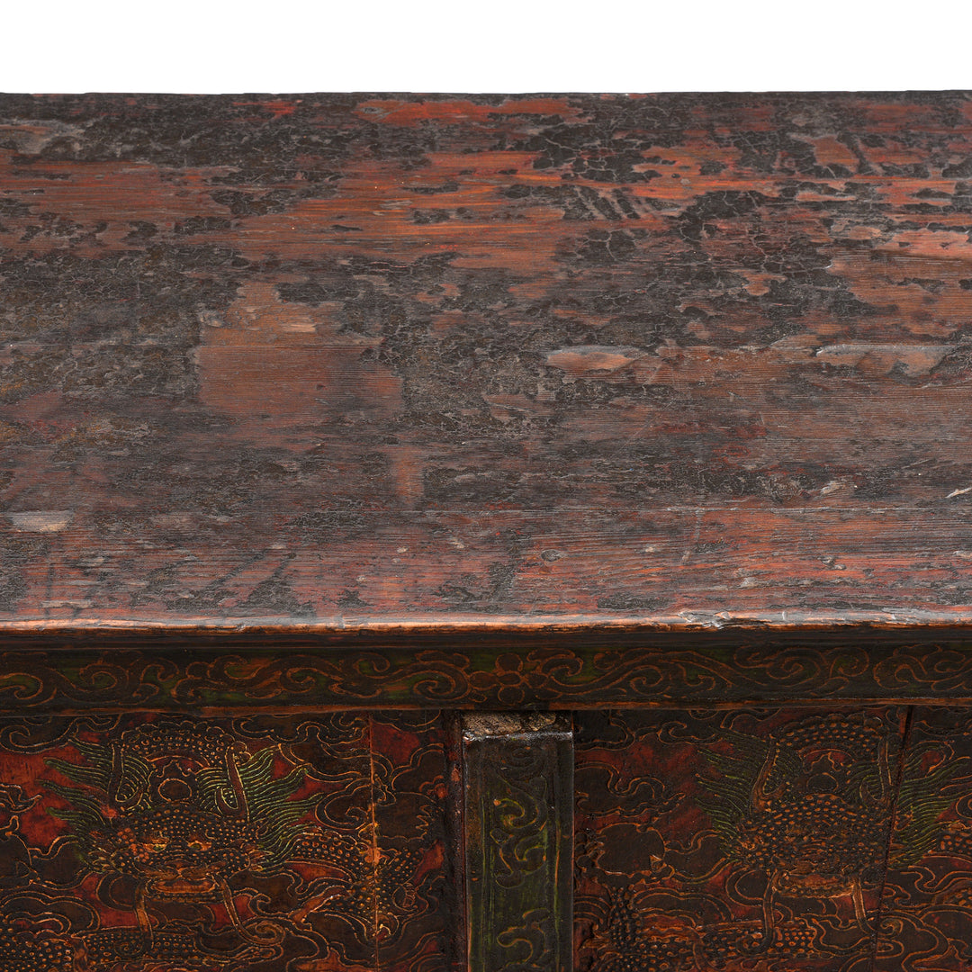 Pine Surface Detail From an Antique Painted Tibetan Altar Cabinet With Original Dragon Painting - Early 19th Century | Indigo Antiques