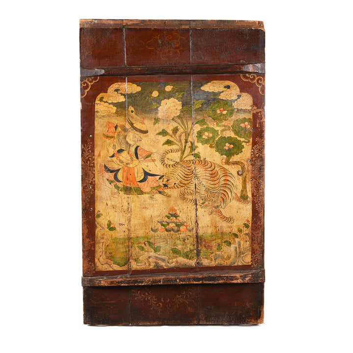 Tibetan Painted Panel of Güsh Khaan With Tiger - 18thC | Indigo Antiques