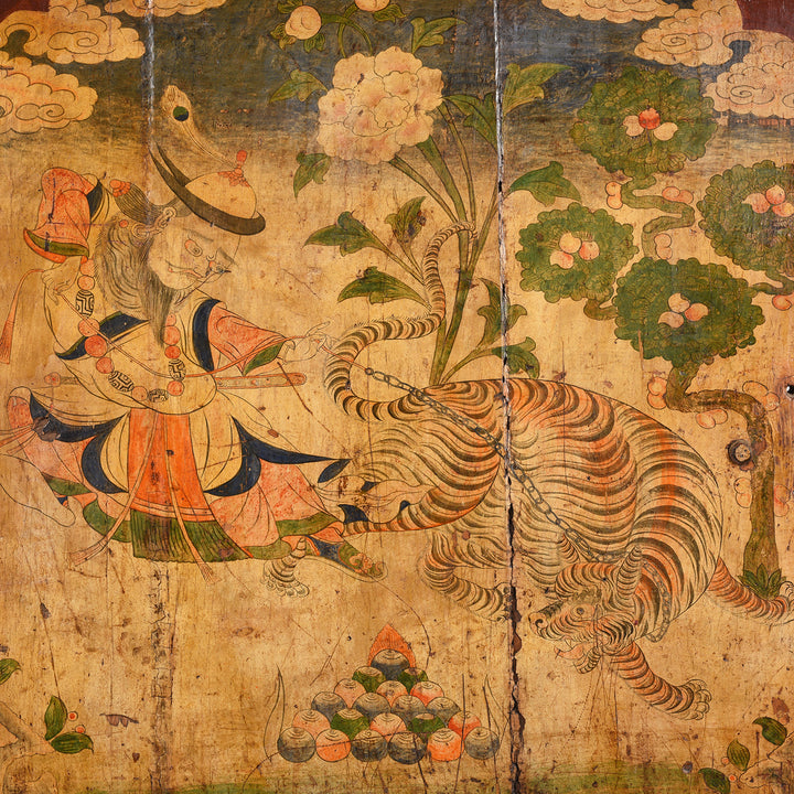 Detail From Tibetan Painted Panel of Güsh Khaan With Tiger - 18thC | Indigo Antiques