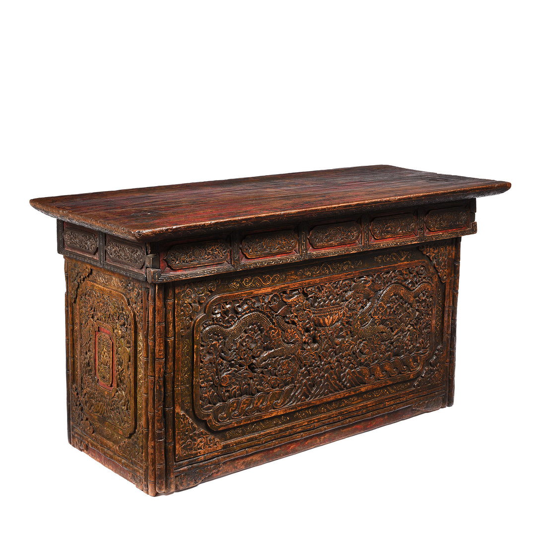Angled View Of Painted Choksar Prayer Table from Tibet - 18thC | Indigo Antiques