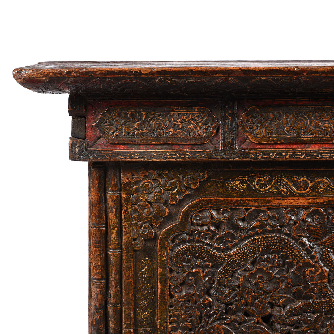 Corner Detail From Painted Choksar Prayer Table from Tibet - 18thC | Indigo Antiques