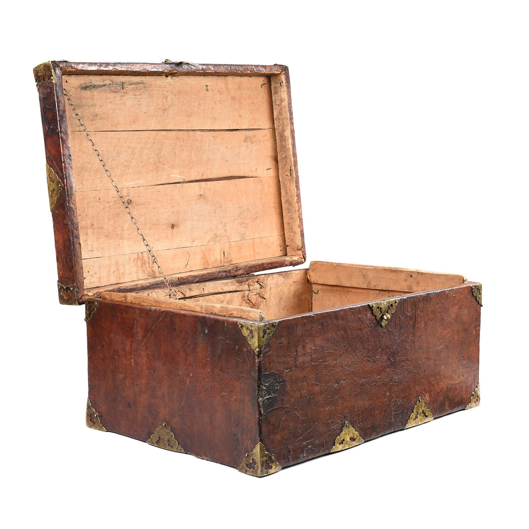 Open Lid View Of Tibetan Brass Bound Leather Trunk - 19thC | Indigo Antiques