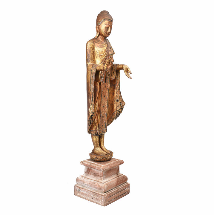 Angled View Of Gilded Teak Burmese Standing Buddha - Early 20thC | Indigo Antiques