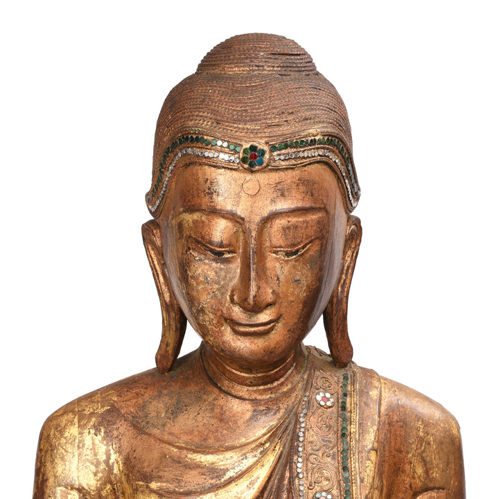 Face Detail From Gilded Teak Burmese Standing Buddha - Early 20thC | Indigo Antiques
