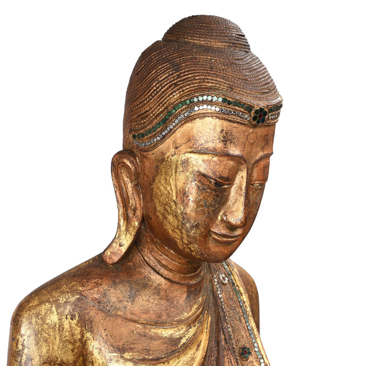 Face Detail From Gilded Teak Burmese Standing Buddha - Early 20thC | Indigo Antiques