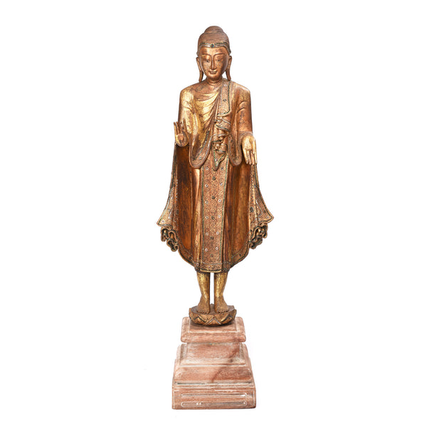 Gilded Teak Mandalay Standing Buddha - Ca 1930's