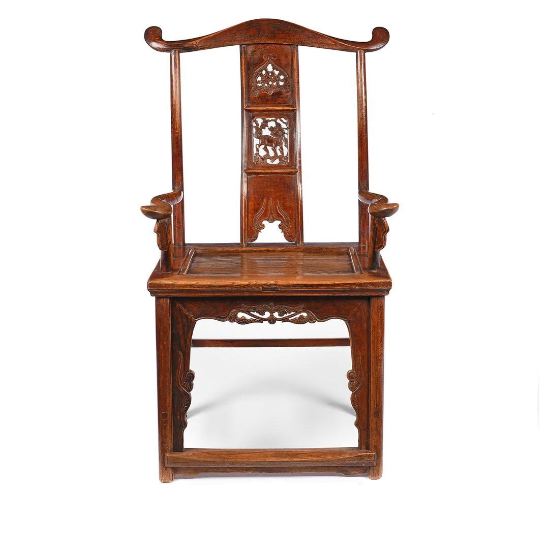 Front View Of Option One Antique Carved Officials Hat Chair From Shanxi - Late 19thC| Indigo Antiques 
