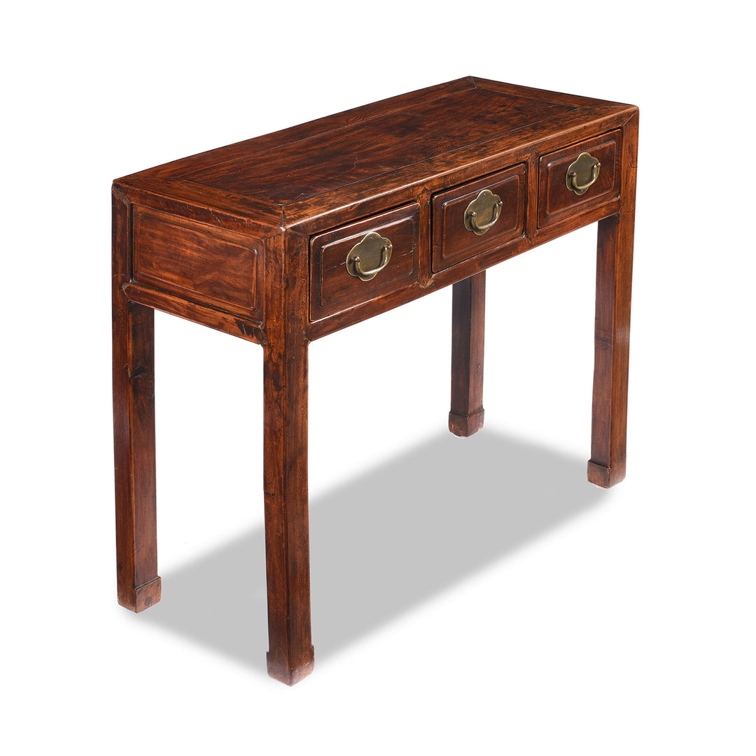 Angled View Of Antique 3 Drawer Red Elm Console Table From Shanxi - Late 19thC | Indigo Antiques