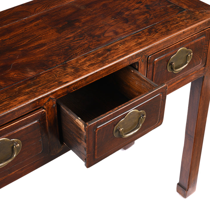 Open Drawer View Of Antique 3 Drawer Red Elm Console Table From Shanxi - Late 19thC | Indigo Antiques
