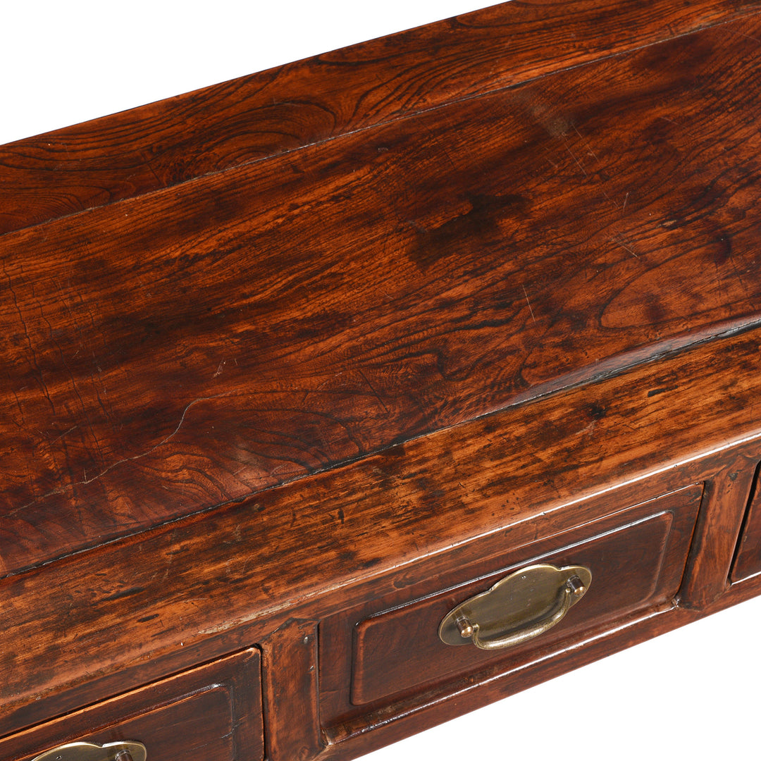 Surface Top Detail From Antique 3 Drawer Red Elm Console Table From Shanxi - Late 19thC | Indigo Antiques