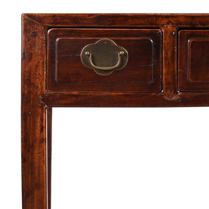 Corner Detail From Antique 3 Drawer Red Elm Console Table From Shanxi - Late 19thC | Indigo Antiques