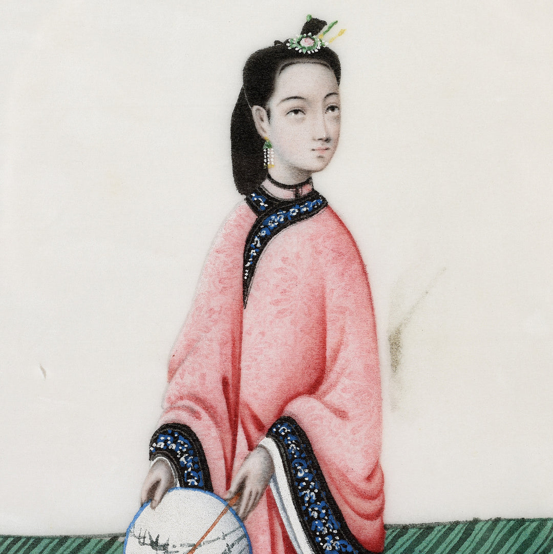 Character Detail From Antique Framed Chinese Watercolour Painting of A Dignitary on Pith Paper - 19thC I Indigo Antiques