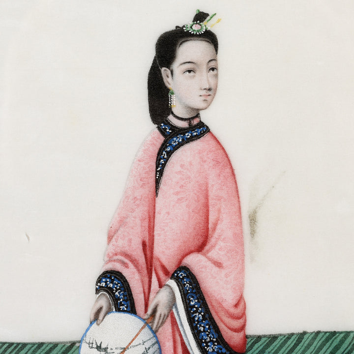Character Detail From Antique Framed Chinese Watercolour Painting of A Dignitary on Pith Paper - 19thC I Indigo Antiques