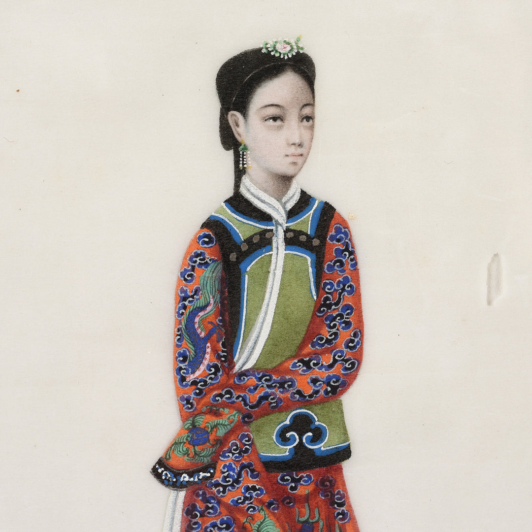 Character Detail From Framed Chinese Antique Watercolour Painting of A Dignitary on Pith Paper - 19thC I Indigo Antiques
