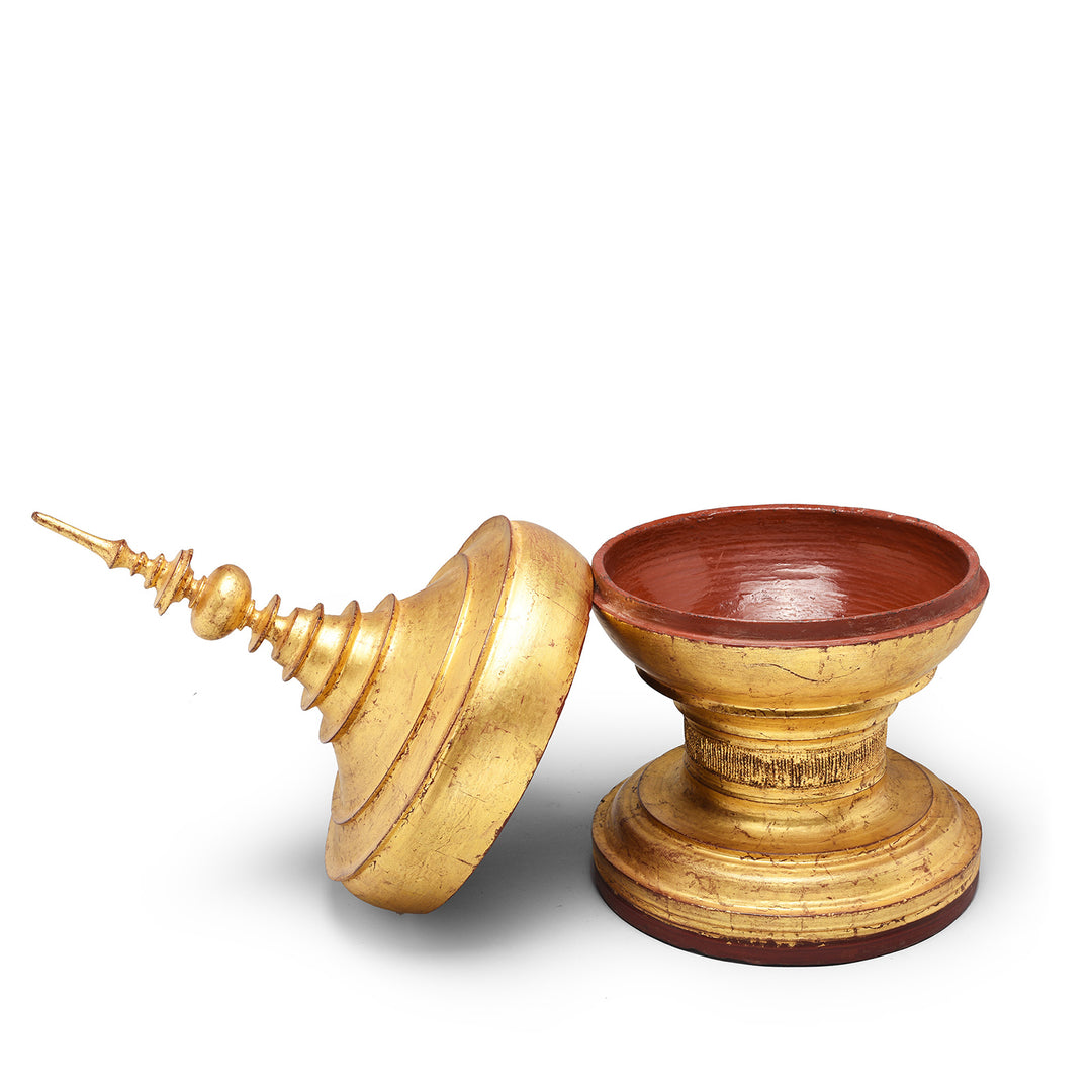 Lid Off View Of Gilt Wooden Hsun-Ok Bowl on Stand from Burma - Early 20thC | Indigo Antiques