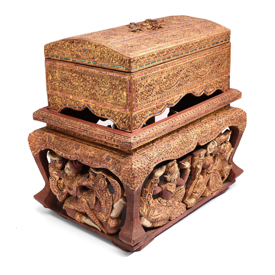 Angled View Of Antique Gilt Wooden Burmese Manuscript Box - Early 20th Century | Indigo Antiques