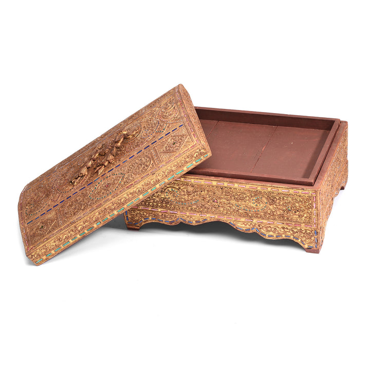 Lid Off View Of Antique Gilt Wooden Burmese Manuscript Box - Early 20th Century | Indigo Antiques