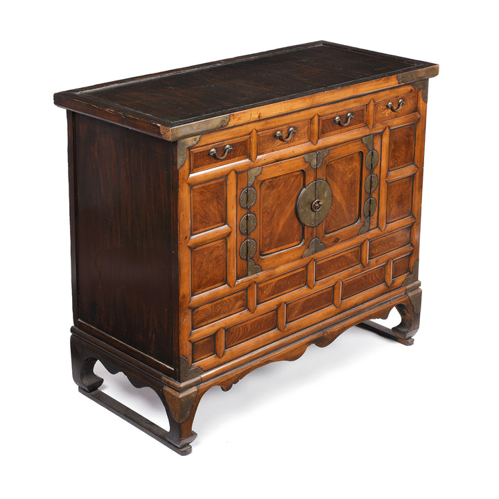 Angled VIew Of Burr Elm Korean Morijang Side Cabinet - Early 20thC | Indigo Antiques