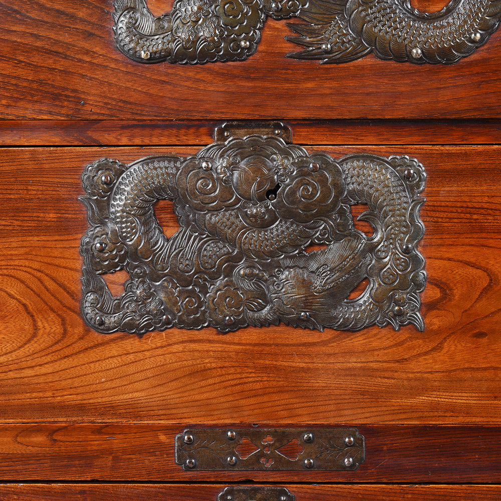 Repousse Dragon in Cloud Ironwork From an antique Japanese Isho Dansu from Sendai Province - Early 20thC | Indigo Antiques