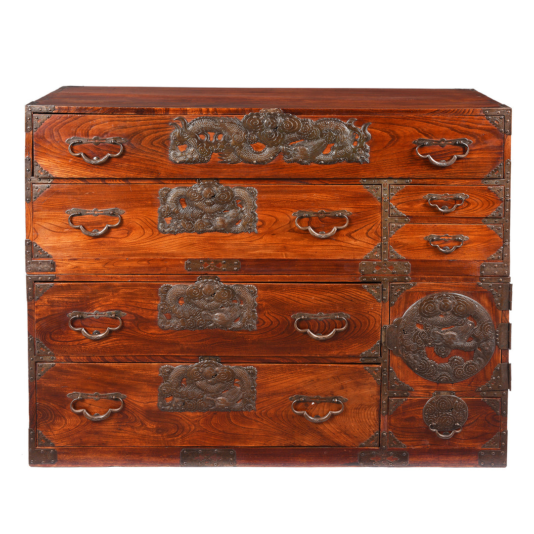 Antique Japanese Keyaki Kasane Dansu from Sendai Province With Dragon Ironwork Made from Zelkova Wood - Early 20thC | Indigo Antiques