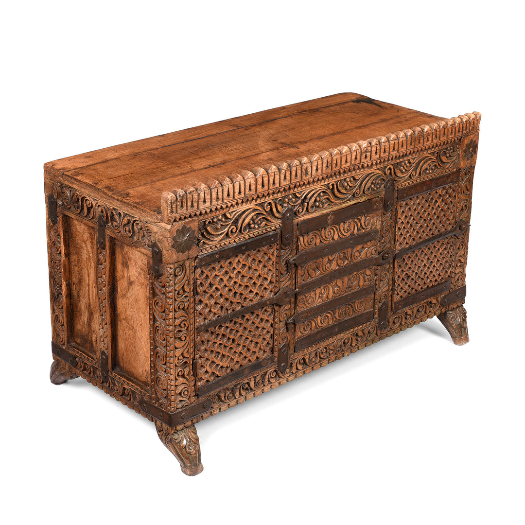 Angled View Of Chip Carved Manjus Chest from Rajasthan - 19thC | Indigo Antiques