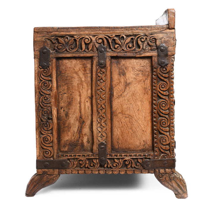 End View Of Chip Carved Manjus Chest from Rajasthan - 19thC | Indigo Antiques