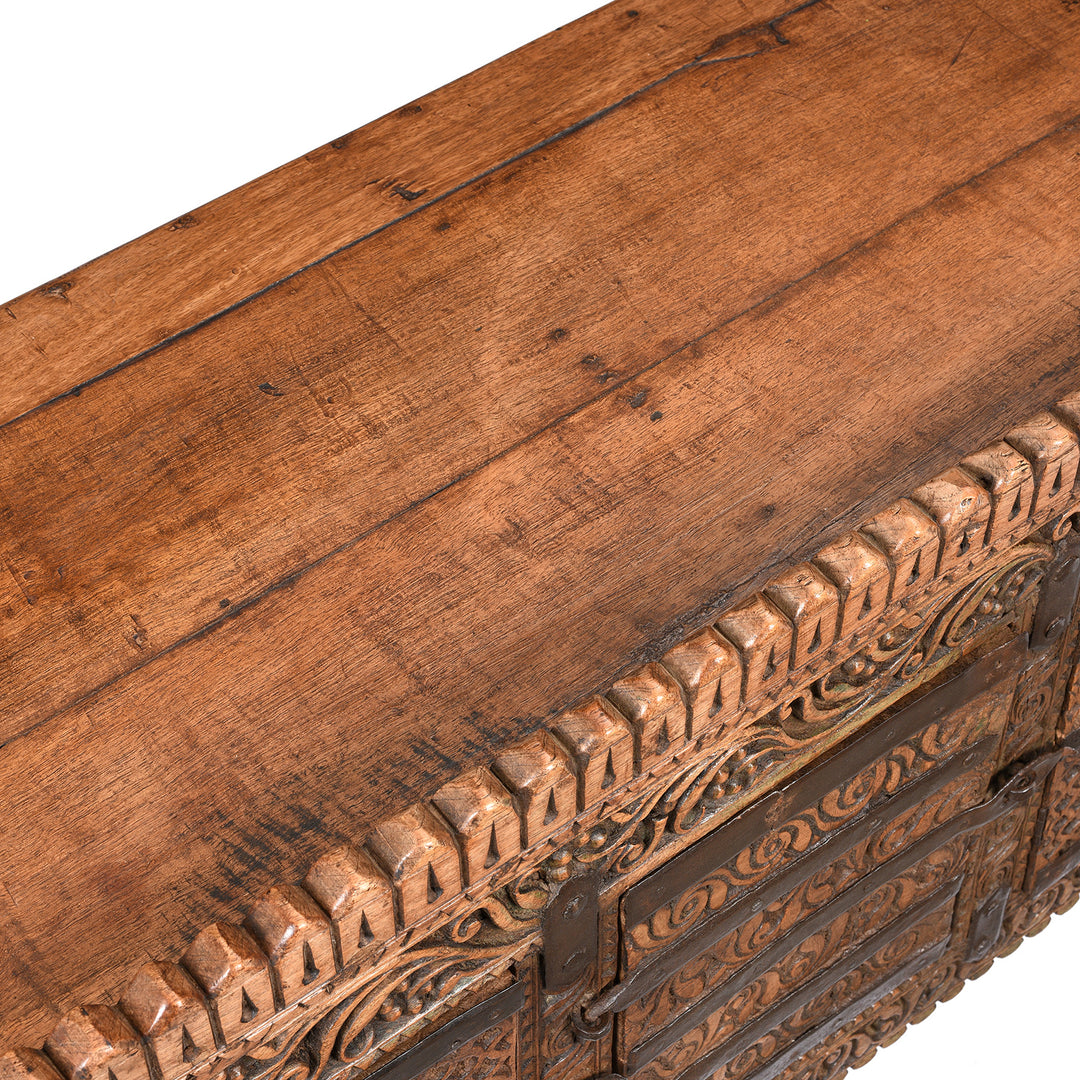 Top View Of Chip Carved Manjus Chest from Rajasthan - 19thC | Indigo Antiques