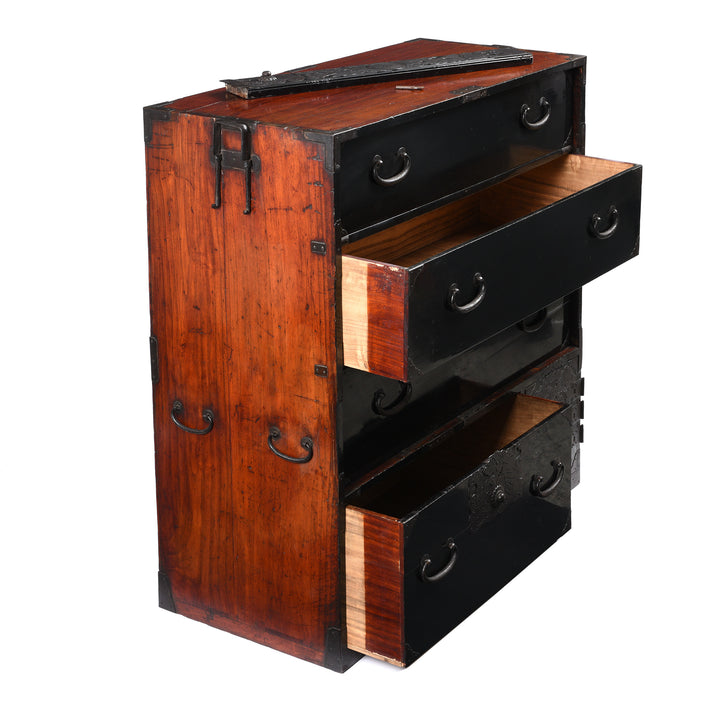 Open Drawer View of Black Lacquer Japanese Bo Dansu From Japan - Meiji Period | Indigo Antiques