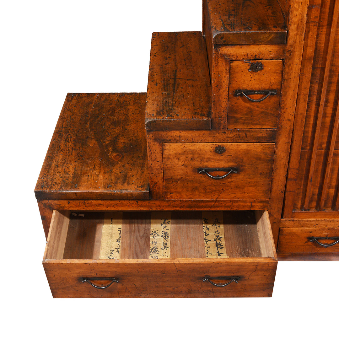 Open Drawer View Of Japanese Keyaki Bo Dansu Cabinet - Meiji Period | Indigo Antiques