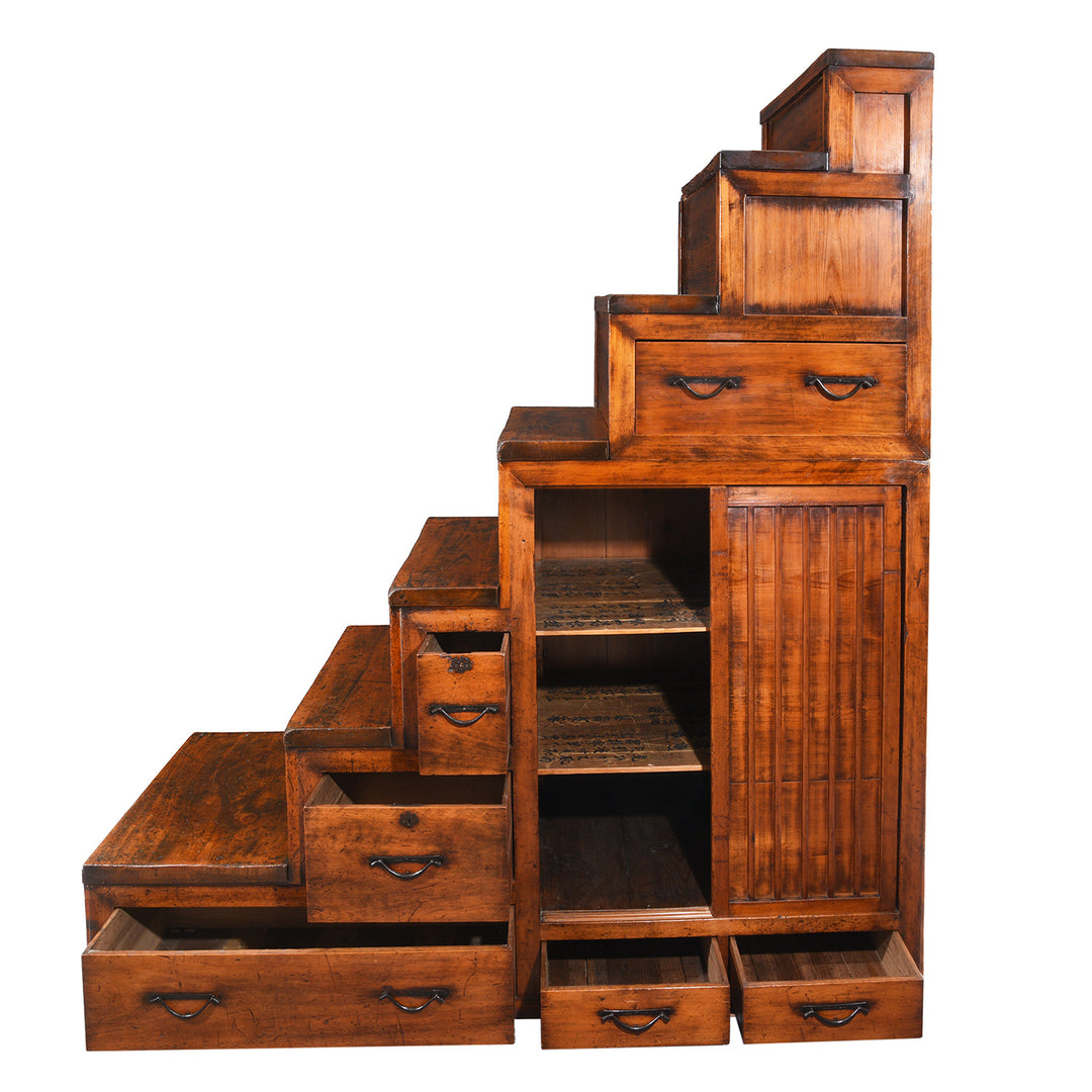 Open Drawers View Of Japanese Keyaki Bo Dansu Cabinet - Meiji Period | Indigo Antiques