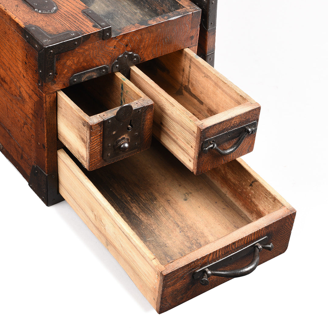 Drawer Interior View Of Antique Japanese Keyaki Zenibako Money Box - 19thC | Indigo Antiques