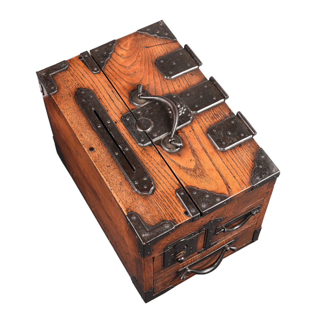 Top View Of Antique Japanese Keyaki Zenibako Money Box - 19thC | Indigo Antiques