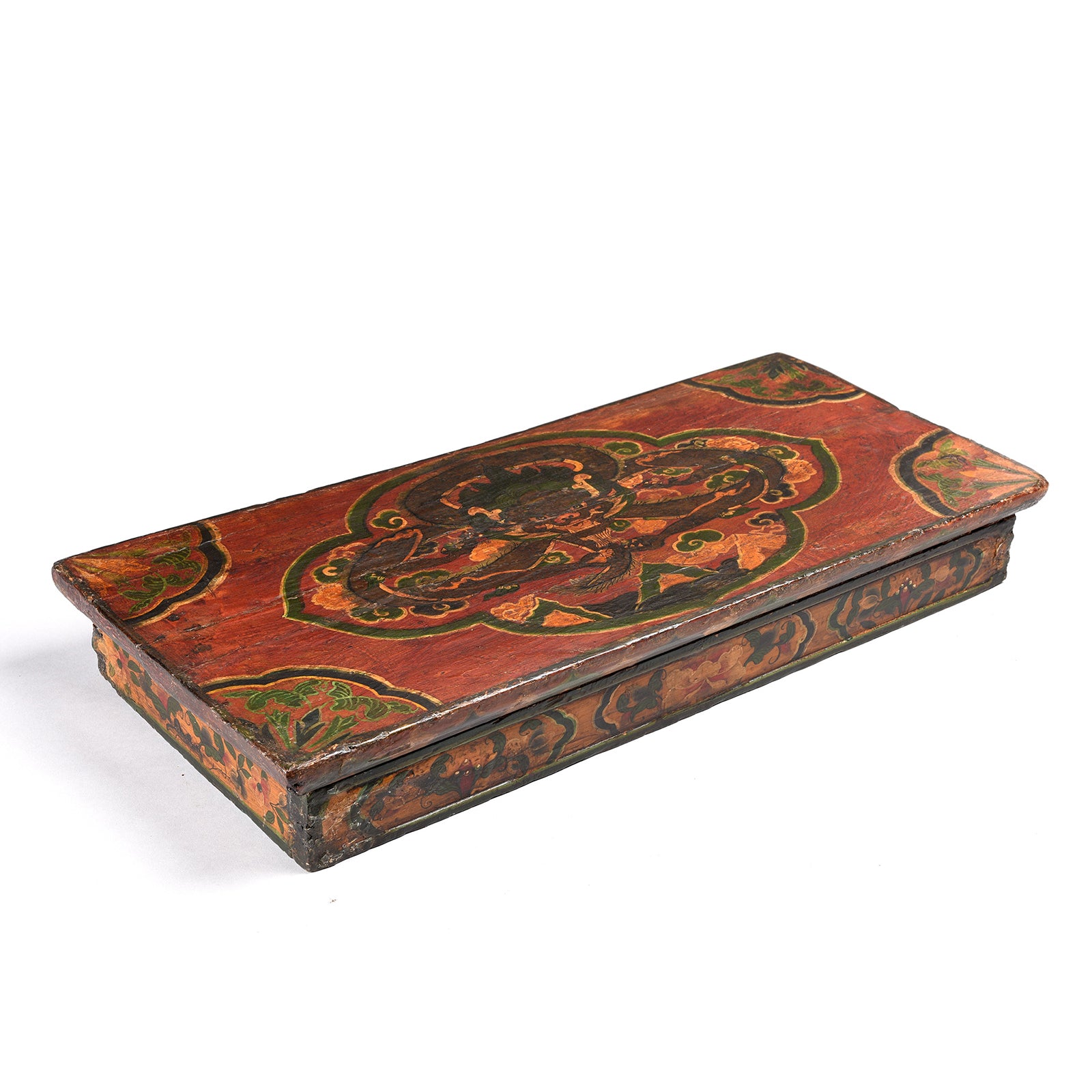 Folded Down View Of Antique Old Tibetan Folding Choksar With Later Paint | Indigo Antiques