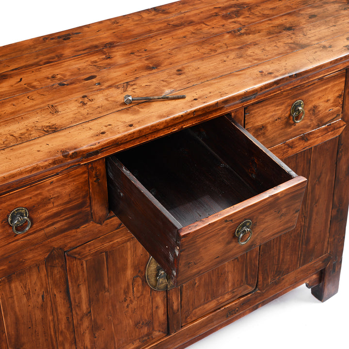 Open Drawer View Of Antique 3 Drawer Chinese Cypress Wood Sideboard From Hebei - 19thC | Indigo Antiques
