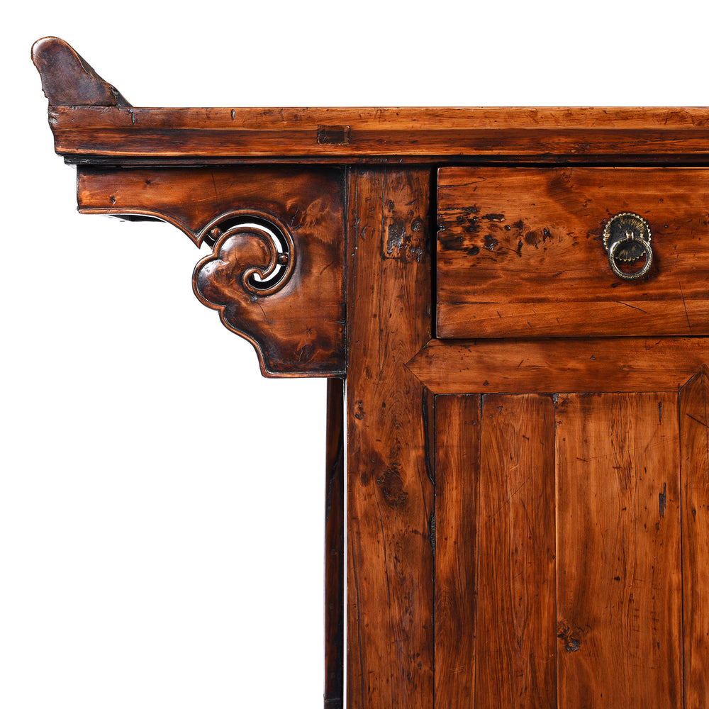 Corner Detail From Antique 3 Drawer Chinese Cypress Wood Sideboard From Hebei - 19thC | Indigo Antiques