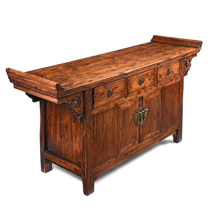 Angled View Of Antique 3 Drawer Chinese Cypress Wood Sideboard From Hebei - 19thC | Indigo Antiques
