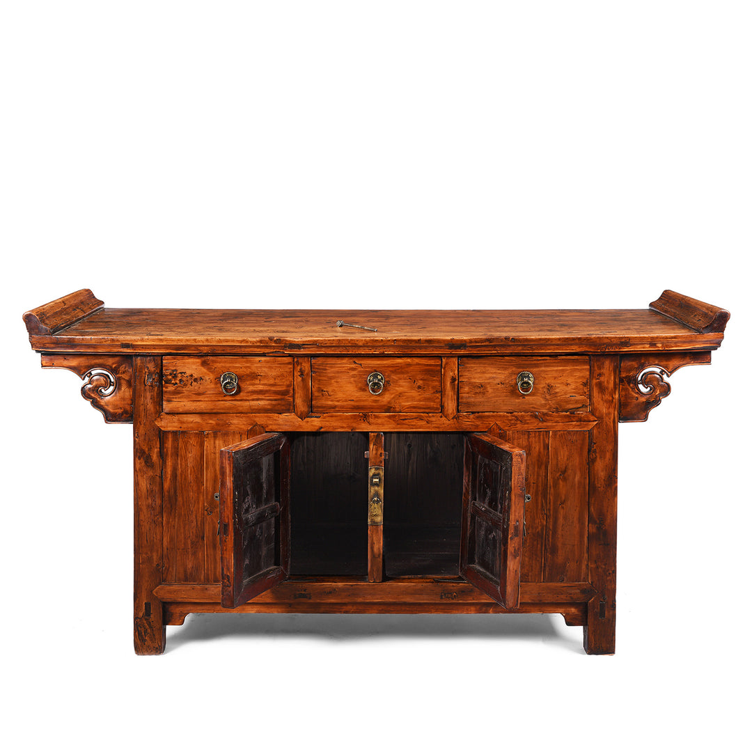 Open Doors View Of Antique 3 Drawer Chinese Cypress Wood Sideboard From Hebei - 19thC | Indigo Antiques